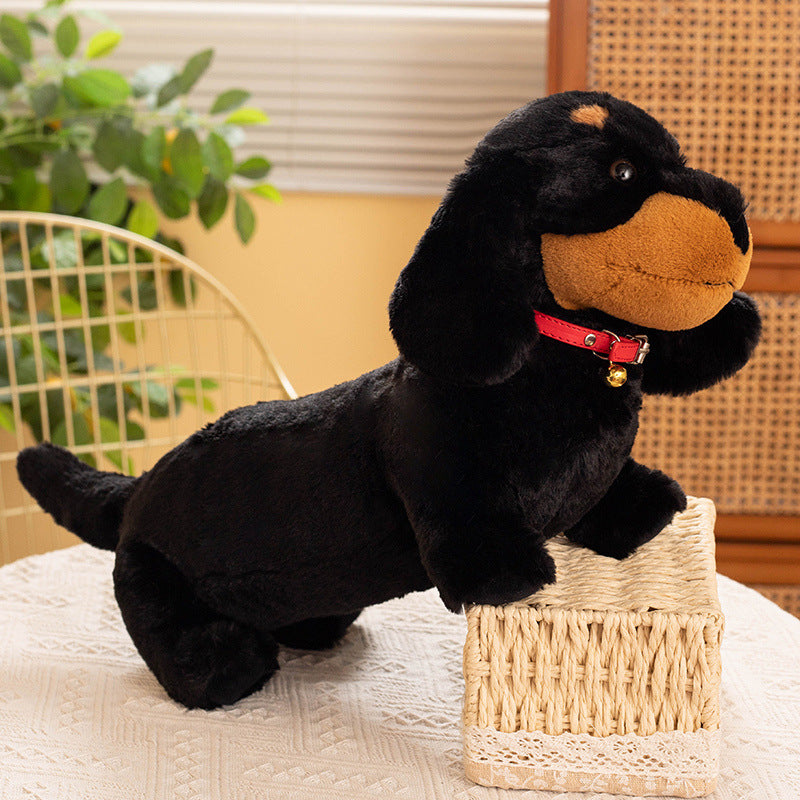 teckel en peluche à collier rouge